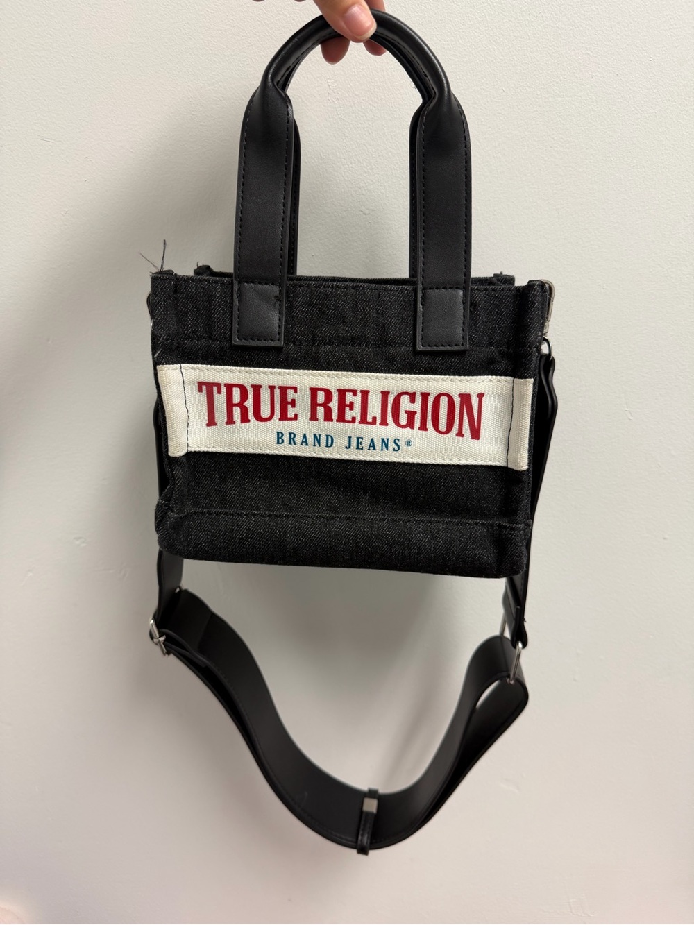 True Religion Black Canvas Mini Messenger with Red Logo